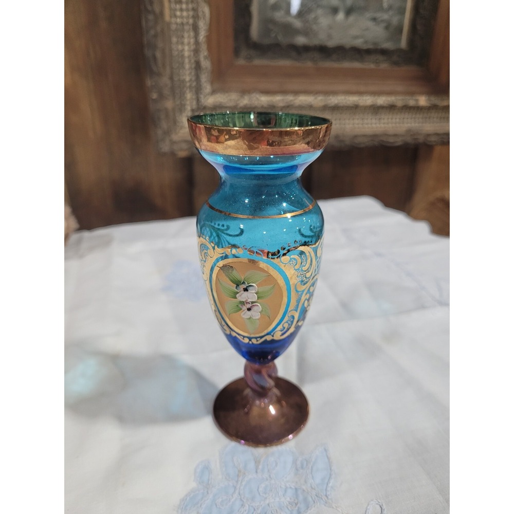 Blue Murano 6" Vase With Gold Tim Design.